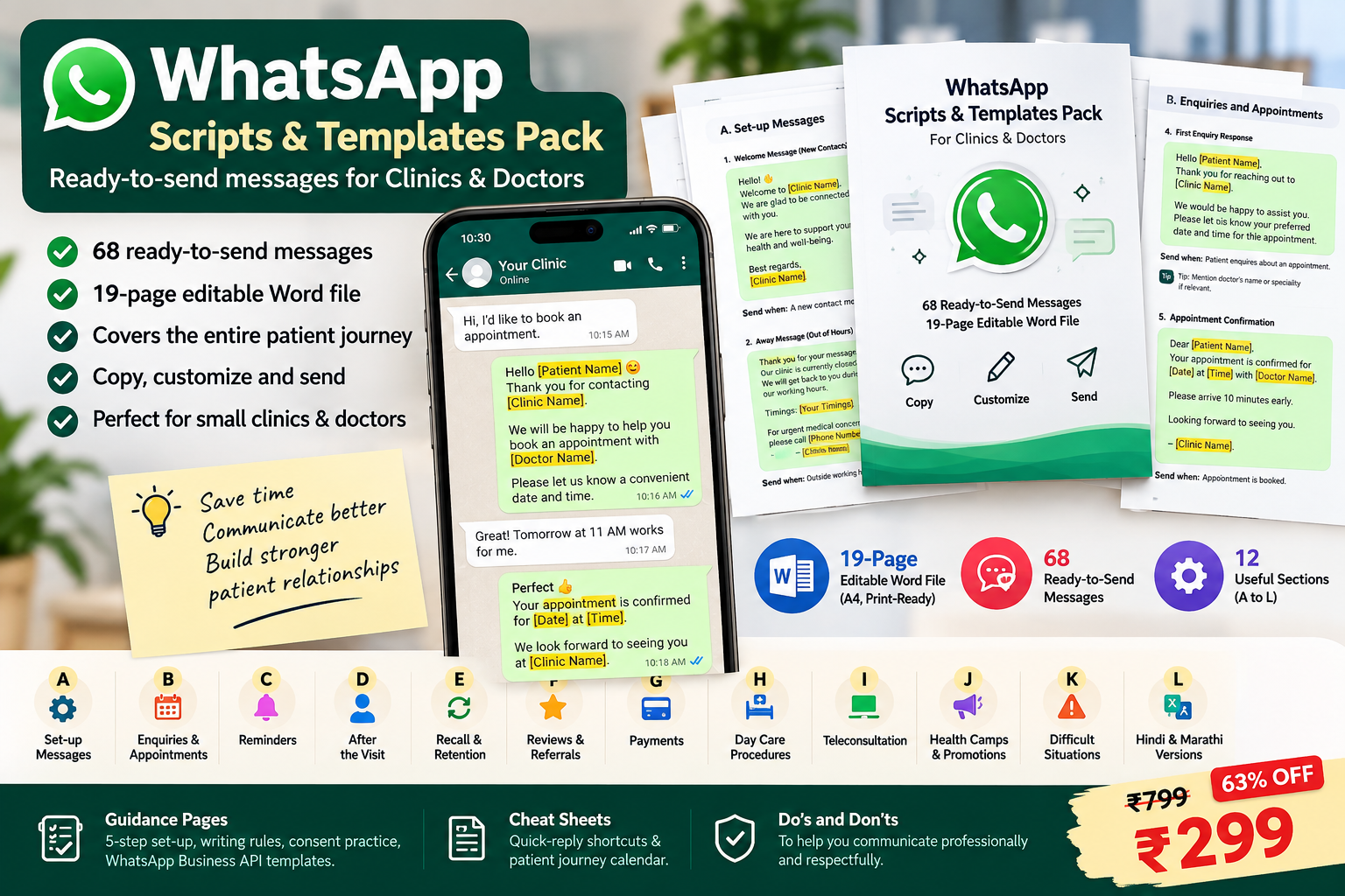 WhatsApp Scripts & Templates Pack for Clinics & Doctors – 68 Ready-to-Send Messages